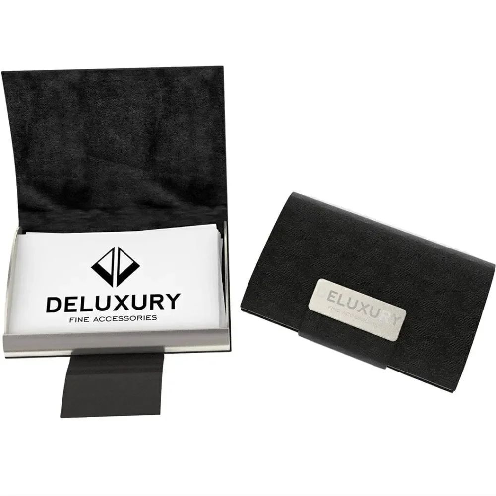 Business Name Card Case and Holder - PU Black Leather Grain Wrapped Steel, Soft